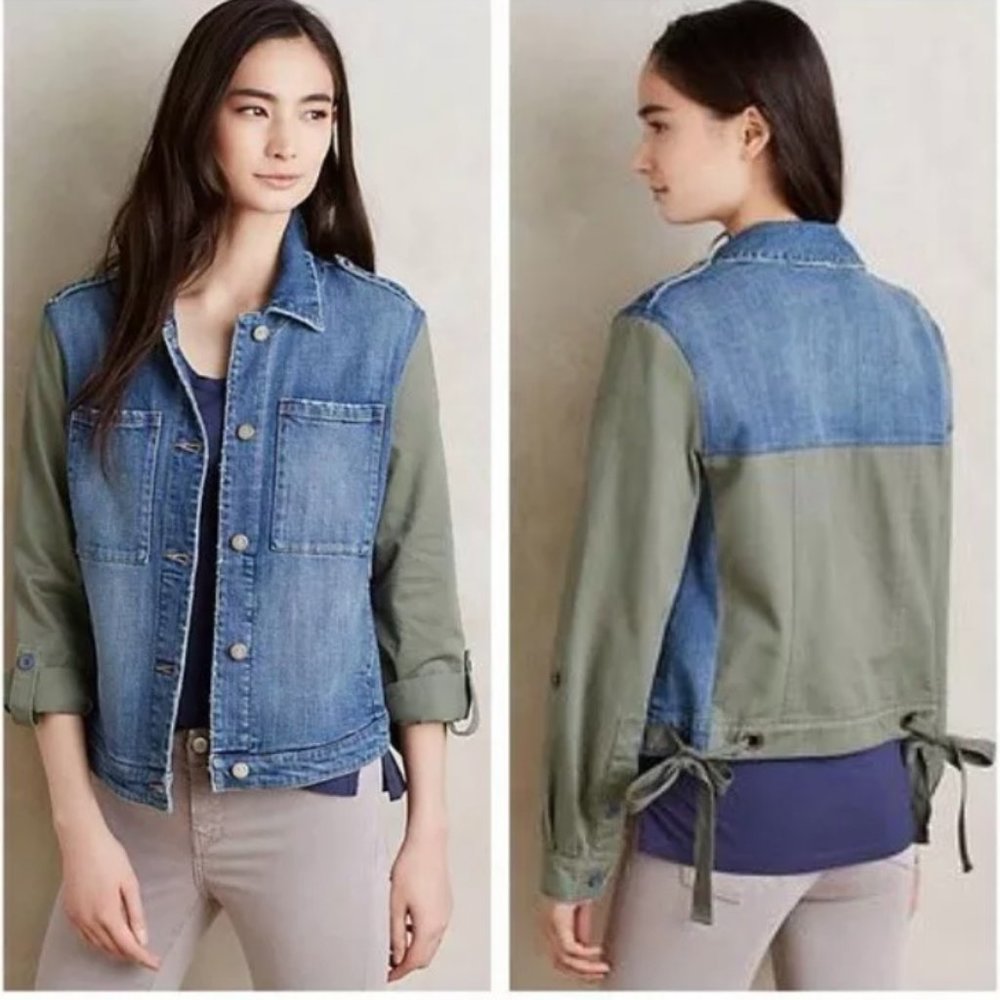 Anthropologie Pilcro Letterpress Denim Jean Jacket Military Army Green Womens XS